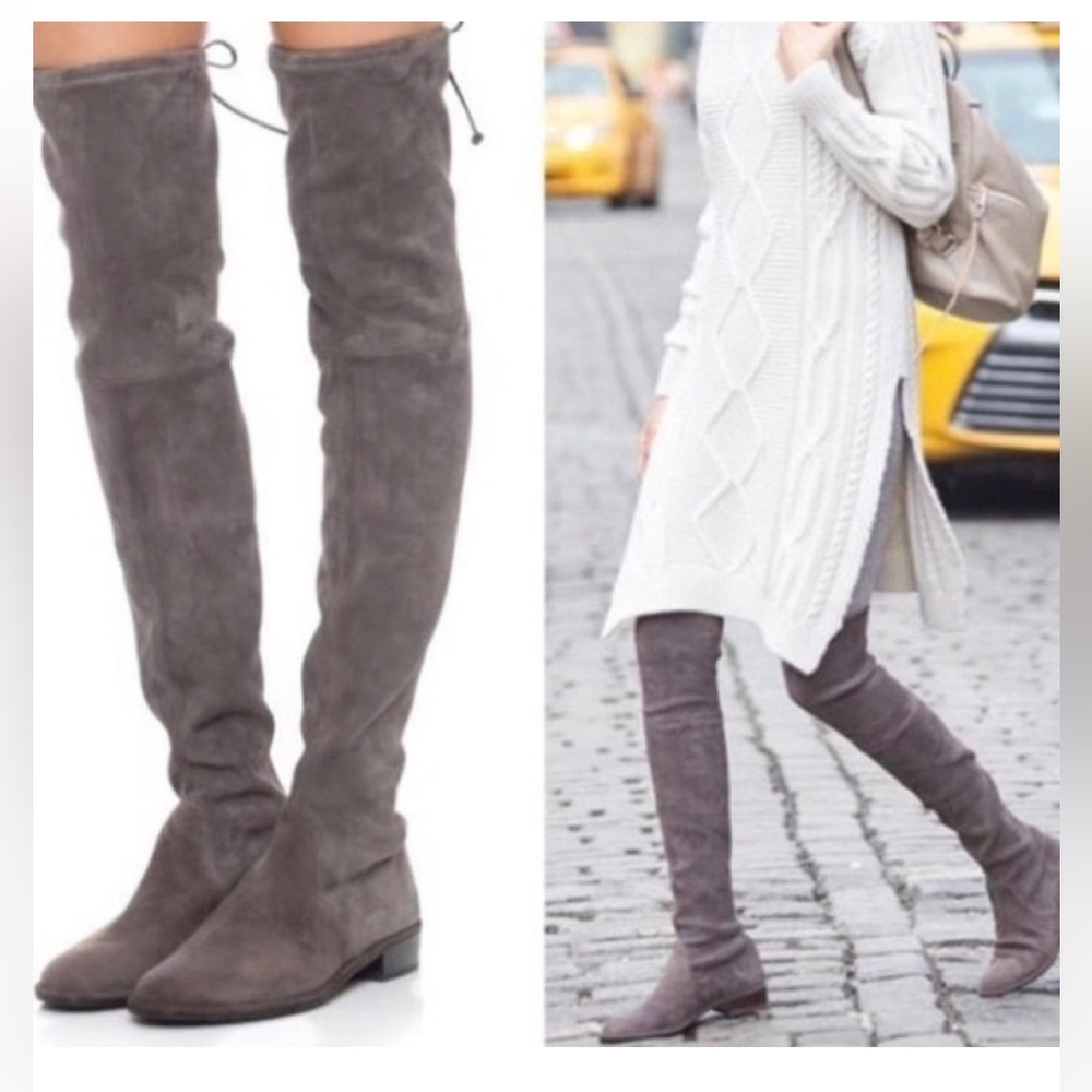 STUART WEITZMAN Lowland Boots Slate Gray Flat Suede Over the Knee Size 5.5